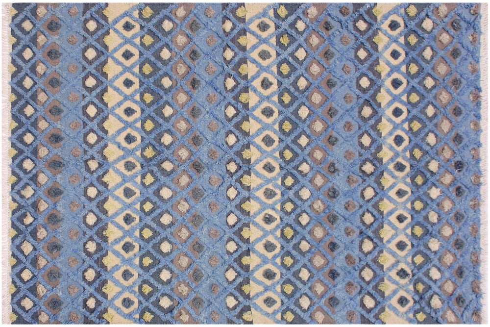 handmade Geometric Moroccan Hi Lt. Blue Ivory Hand Knotted RECTANGLE 100% WOOL area rug 6' x 8'