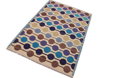 Flat Weave Kilim Antique Navaho Vintage handmade Modern Kilim Beige Blue Hand-Woven Rectangle 100% Wool Area Rug 6x8