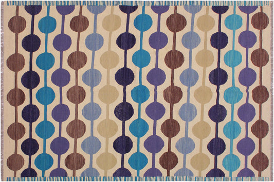 handmade Modern Kilim Beige Blue Hand-Woven RECTANGLE 100% WOOL area rug 6x8