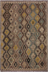 Flat Weave Kilim Antique Navaho Vintage handmade Geometric Kilim Tan Green Hand-Woven Rectangle 100% Wool Area Rug 6x8