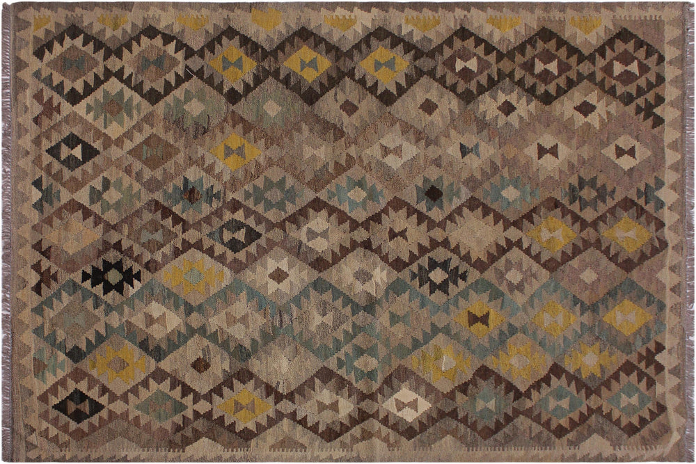 handmade Modern Kilim Tan Green Hand-Woven RECTANGLE 100% WOOL area rug 6' x 8'