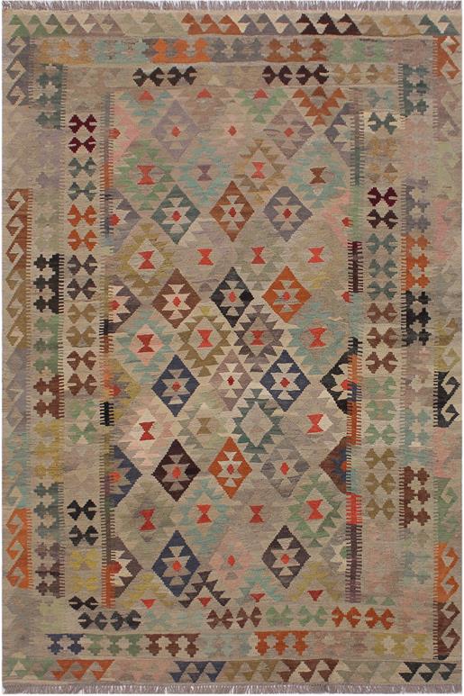 Flat Weave Kilim Antique Navaho Vintage handmade Geometric Kilim Tan Gray Hand-Woven Rectangle 100% Wool Area Rug 6x8