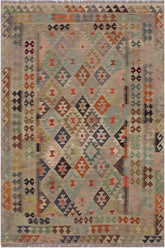 Flat Weave Kilim Antique Navaho Vintage handmade Geometric Kilim Tan Gray Hand-Woven Rectangle 100% Wool Area Rug 6x8