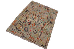 Flat Weave Kilim Antique Navaho Vintage handmade Geometric Kilim Tan Gray Hand-Woven Rectangle 100% Wool Area Rug 6x8