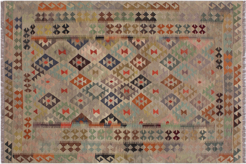 handmade Modern Kilim Tan Gray Hand-Woven RECTANGLE 100% WOOL area rug 6' x 8'