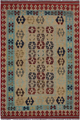 Flat Weave Kilim Antique Navaho Vintage handmade Modern Kilim Tan Red Hand-Woven Rectangle 100% Wool Area Rug 5x7