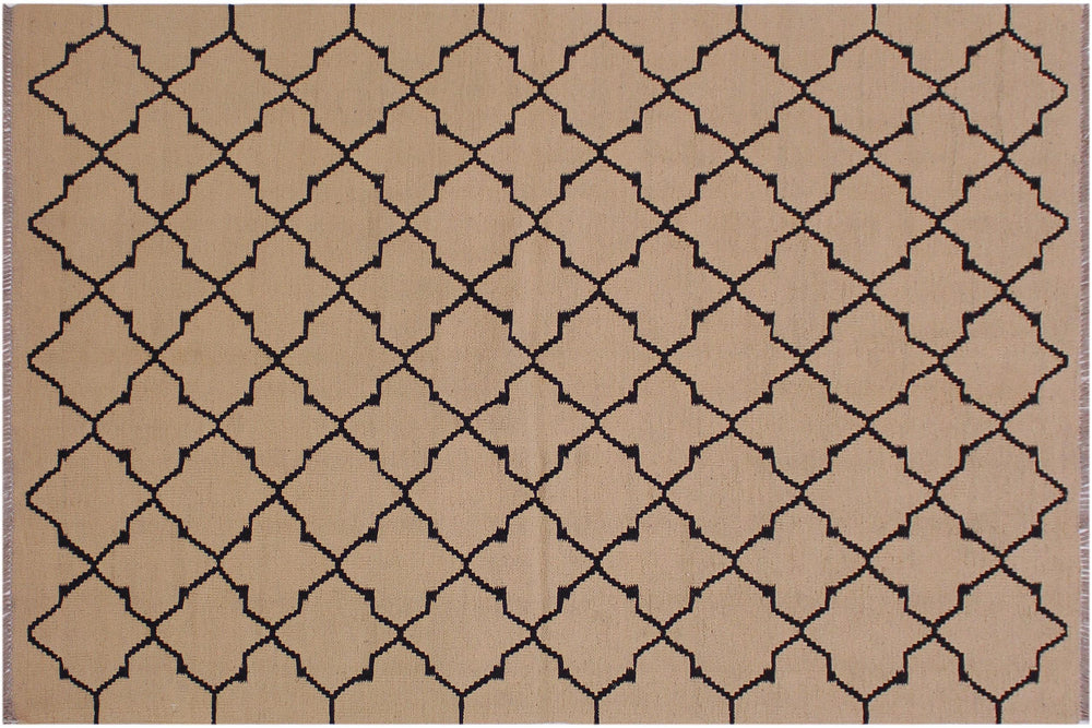 handmade Modern Kilim Beige Black Hand-Woven RECTANGLE 100% WOOL area rug 4' x 6'