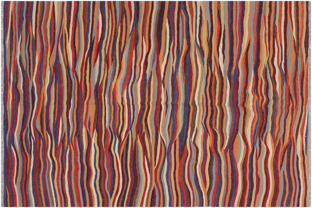 handmade Modern Kilim Red Blue Hand-Woven RECTANGLE 100% WOOL area rug 6x8