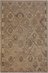 Flat Weave Kilim Antique Navaho Vintage handmade Geometric Kilim Tan Gray Hand-Woven Rectangle 100% Wool Area Rug 6x8