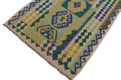Flat Weave Kilim Antique Navaho Vintage handmade Geometric Kilim Beige Blue Hand-Woven Rectangle 100% Wool Area Rug 4x5