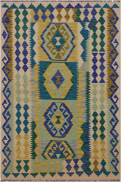 Flat Weave Kilim Antique Navaho Vintage handmade Geometric Kilim Beige Blue Hand-Woven Rectangle 100% Wool Area Rug 4x5