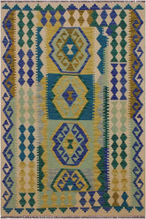 Flat Weave Kilim Antique Navaho Vintage handmade Geometric Kilim Beige Blue Hand-Woven Rectangle 100% Wool Area Rug 4x5