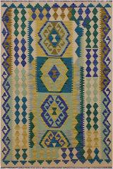 Flat Weave Kilim Antique Navaho Vintage handmade Geometric Kilim Beige Blue Hand-Woven Rectangle 100% Wool Area Rug 4x5