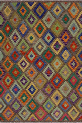 Flat Weave Kilim Antique Navaho Vintage handmade Geometric Kilim Brown Blue Hand-Woven Rectangle 100% Wool Area Rug 5x7