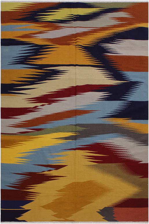 Flat Weave Kilim Antique Navaho Vintage handmade Modern Kilim Gold Blue Hand-Woven Rectangle 100% Wool Area Rug 6x9