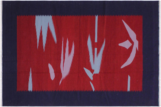 handmade Modern Kilim Blue Red Hand-Woven RECTANGLE 100% WOOL area rug 6x9