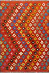 Flat Weave Kilim Antique Navaho Vintage handmade Modern Kilim Rust Beige Hand-Woven Rectangle 100% Wool Area Rug 4x5