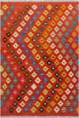 Flat Weave Kilim Antique Navaho Vintage handmade Modern Kilim Rust Beige Hand-Woven Rectangle 100% Wool Area Rug 4x5