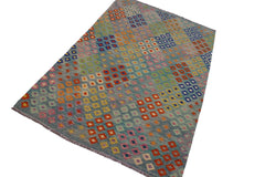 Flat Weave Kilim Antique Navaho Vintage handmade Modern Kilim Green Orange Hand-Woven Rectangle 100% Wool Area Rug 7x10