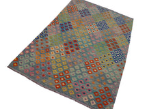 handmade Geometric Kilim Green Orange Hand-Woven RECTANGLE 100% WOOL area rug 7 x 10