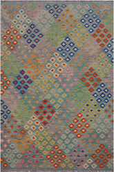 Flat Weave Kilim Antique Navaho Vintage handmade Modern Kilim Green Orange Hand-Woven Rectangle 100% Wool Area Rug 7x10