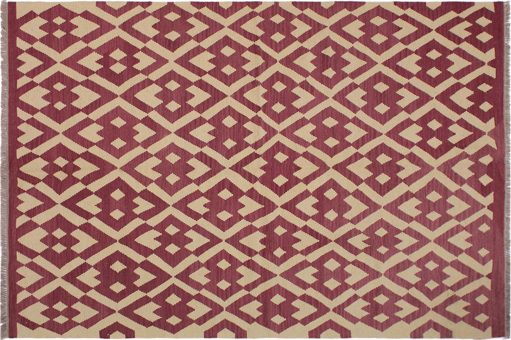 handmade Modern Kilim Burgundy Beige Hand-Woven RECTANGLE 100% WOOL area rug 6' x 8'