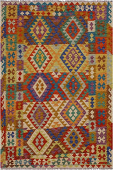 Flat Weave Kilim Antique Navaho Vintage handmade Geometric Kilim Beige Rust Hand-Woven Rectangle 100% Wool Area Rug 6x8