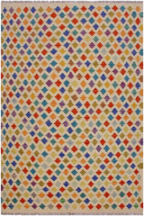 Flat Weave Kilim Antique Navaho Vintage handmade Modern Kilim Beige Blue Hand-Woven Rectangle 100% Wool Area Rug 5x8