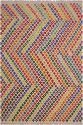 Flat Weave Kilim Antique Navaho Vintage handmade Modern Kilim Beige Blue Hand-Woven Rectangle 100% Wool Area Rug 6x8