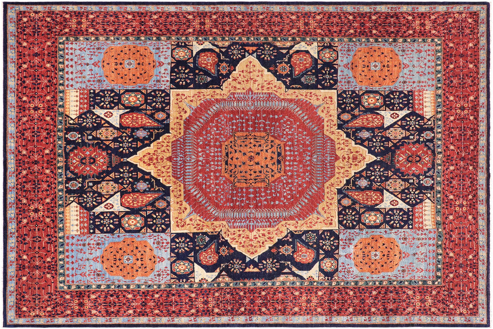 handmade Geometric Mamluk Blue Rust Hand Knotted RECTANGLE 100% WOOL area rug 9 x 12