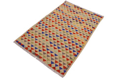 Flat Weave Kilim Antique Navaho Vintage handmade Modern Kilim Beige Blue Hand-Woven Rectangle 100% Wool Area Rug 3x5