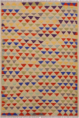 Flat Weave Kilim Antique Navaho Vintage handmade Modern Kilim Beige Blue Hand-Woven Rectangle 100% Wool Area Rug 3x5