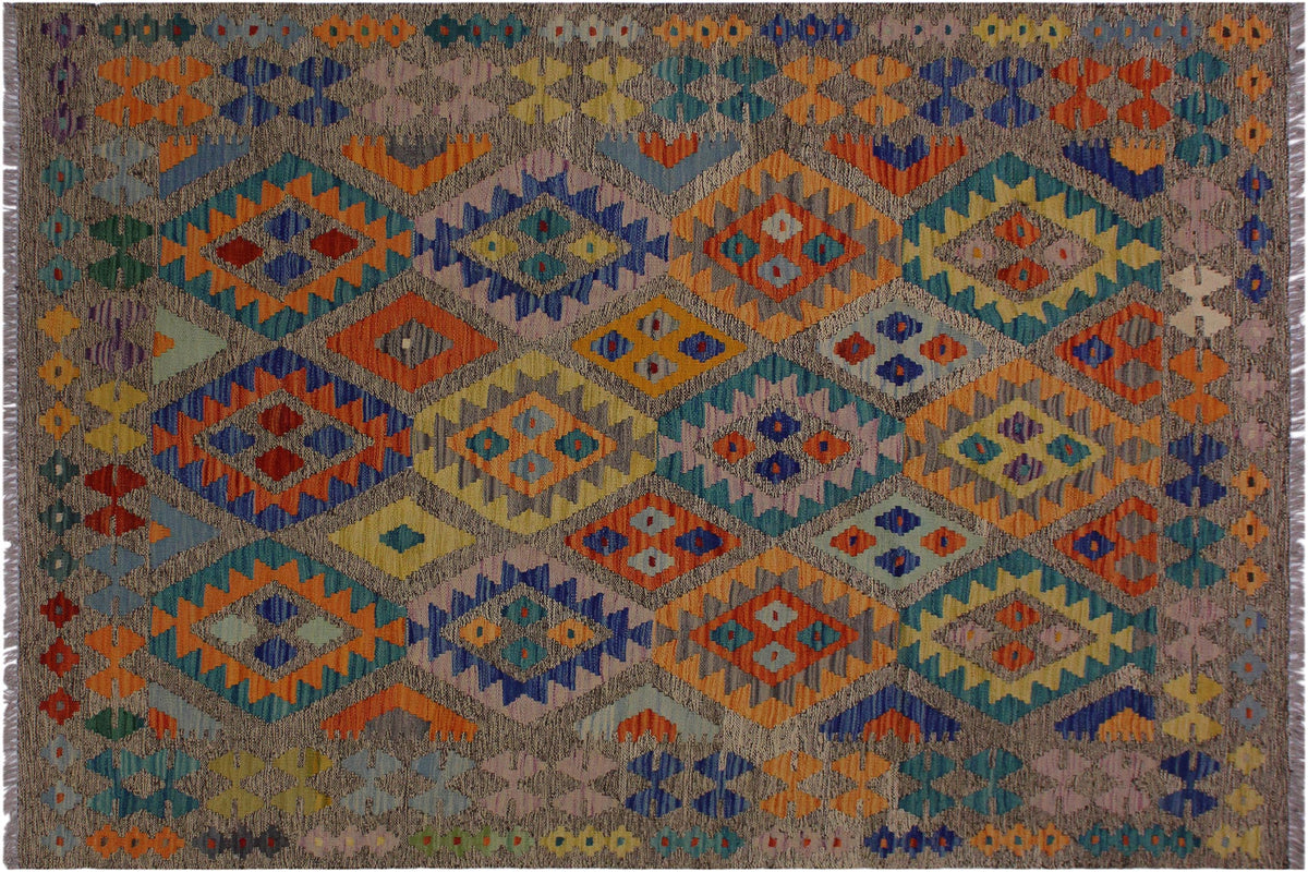 handmade Geometric Kilim Brown Blue Hand-Woven RECTANGLE 100% WOOL area rug 5 x 7