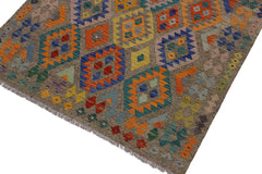 Flat Weave Kilim Antique Navaho Vintage handmade Geometric Kilim Brown Blue Hand-Woven Rectangle 100% Wool Area Rug 5x7