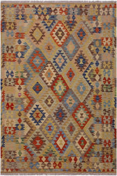 Flat Weave Kilim Antique Navaho Vintage handmade Geometric Kilim Tan Brown Hand-Woven Rectangle 100% Wool Area Rug 5x7