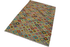 Flat Weave Kilim Antique Navaho Vintage handmade Modern Kilim Green Beige Hand-Woven Rectangle 100% Wool Area Rug 7x10