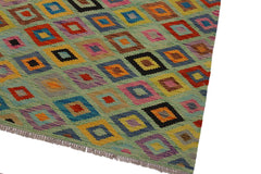 Flat Weave Kilim Antique Navaho Vintage handmade Modern Kilim Green Beige Hand-Woven Rectangle 100% Wool Area Rug 7x10