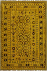 Flat Weave Kilim Antique Navaho Vintage handmade Geometric Kilim Yellow Brown Hand-Woven Rectangle 100% Wool Area Rug 5x8