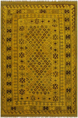 Flat Weave Kilim Antique Navaho Vintage handmade Geometric Kilim Yellow Brown Hand-Woven Rectangle 100% Wool Area Rug 5x8