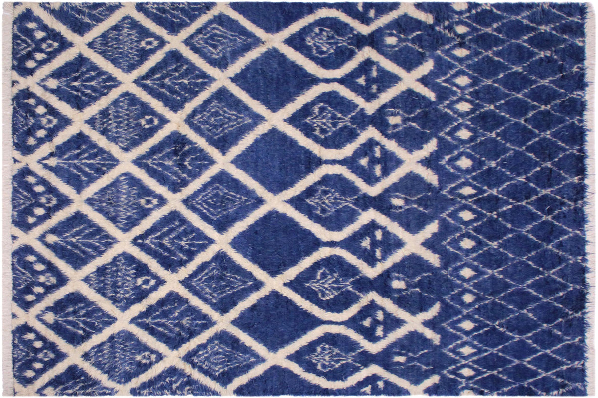 8x10 hand knotted Moroccan style wool rug in blue and ivory - Moroccan Boho Arnette