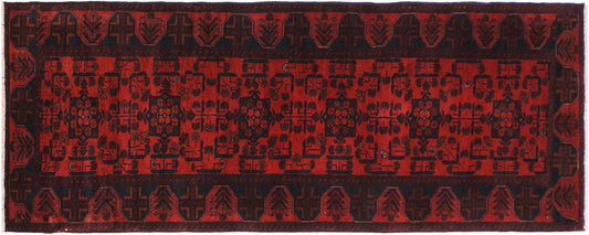 handmade Geometric Khal Muhamm Drk. Red Black Hand Knotted RUNNER 100% WOOL area rug 3' x 10'