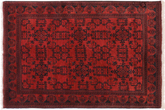 handmade Geometric Khal Muhamm Drk. Red Black Hand Knotted RECTANGLE 100% WOOL area rug 4' x 6'