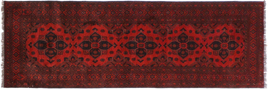 handmade Geometric Khal Muhamm Drk. Red Black Hand Knotted RUNNER 100% WOOL area rug 3' x 10'