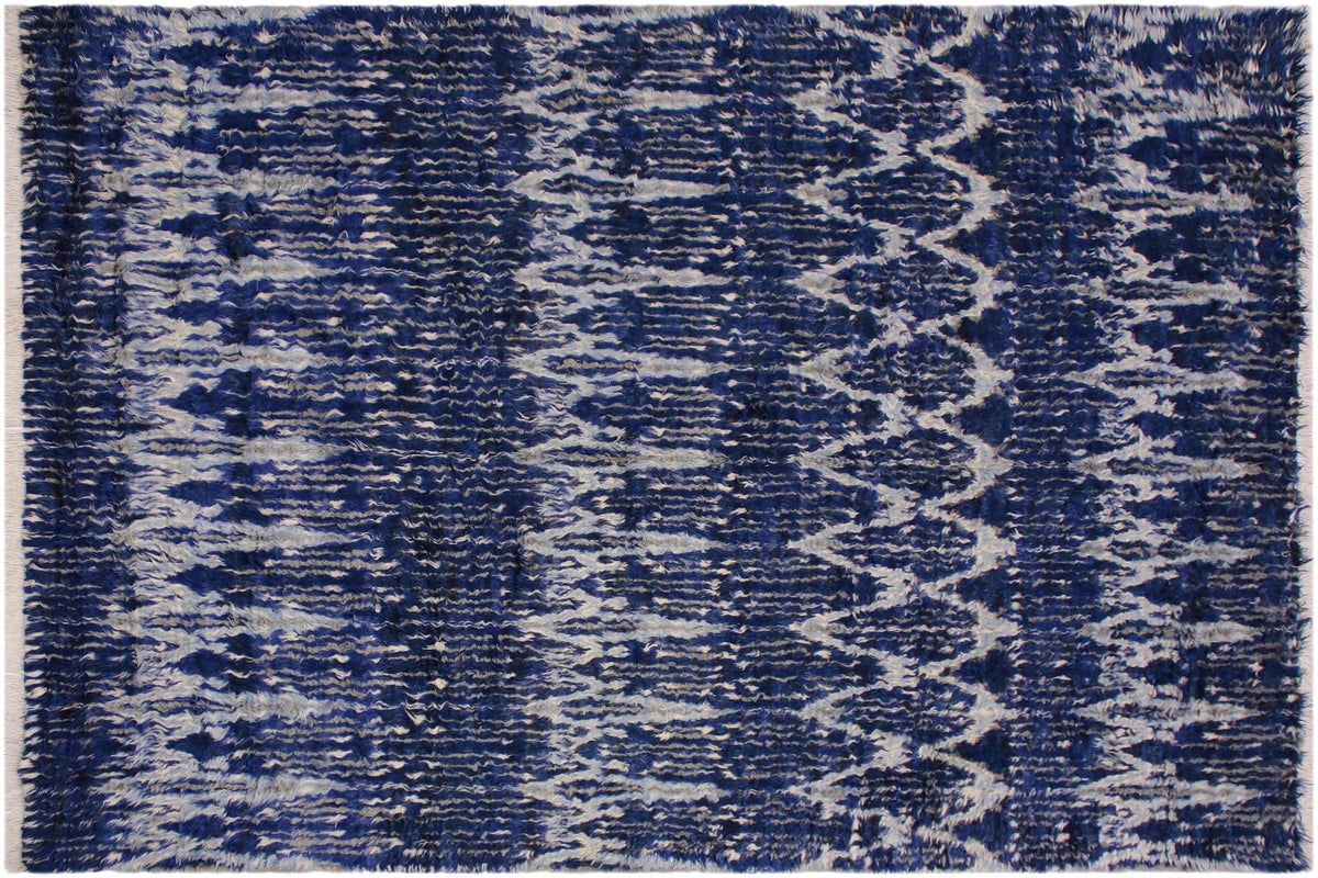 8x10 hand knotted Moroccan style wool rug in blue and ivory - Moroccan Rustic Ayanna