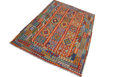 Flat Weave Kilim Antique Navaho Vintage handmade Geometric Kilim Rust Blue Hand-Woven Rectangle 100% Wool Area Rug 7x10