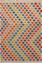 Flat Weave Kilim Antique Navaho Vintage handmade Modern Kilim Ivory Pink Hand-Woven Rectangle 100% Wool Area Rug 3x5