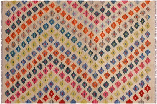 handmade Modern Kilim Ivory Pink Hand-Woven RECTANGLE 100% WOOL area rug 3x5