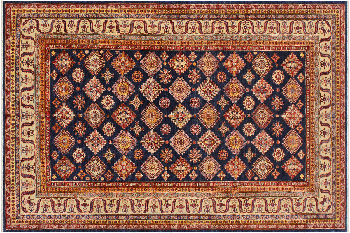9x12 hand knotted Super Kazak wool rug in blue and beige - Rustic Super Kazak Bernadin