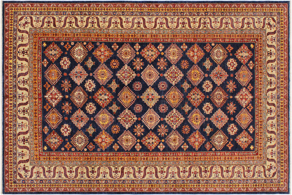 handmade Geometric Super Kazak Blue Beige Hand Knotted RECTANGLE 100% WOOL area rug 9' x 12'