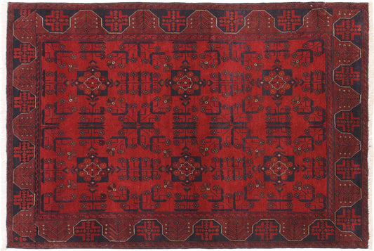 handmade Geometric Khal Muhamm Drk. Red Black Hand Knotted RECTANGLE 100% WOOL area rug 4' x 6'